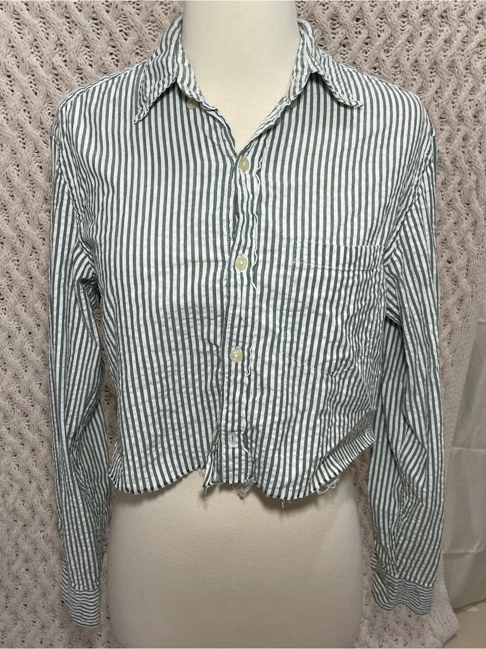 J.Crew Green & White Striped Seersucker Reworked shirt size S